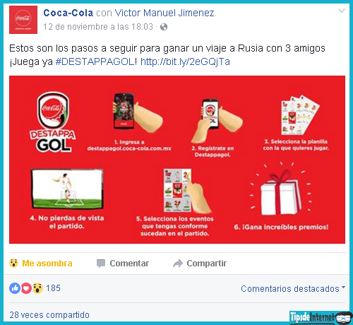 Publicación de la página de la Coca-Cola en la que hacen participar a sus clientes mediante un juego.